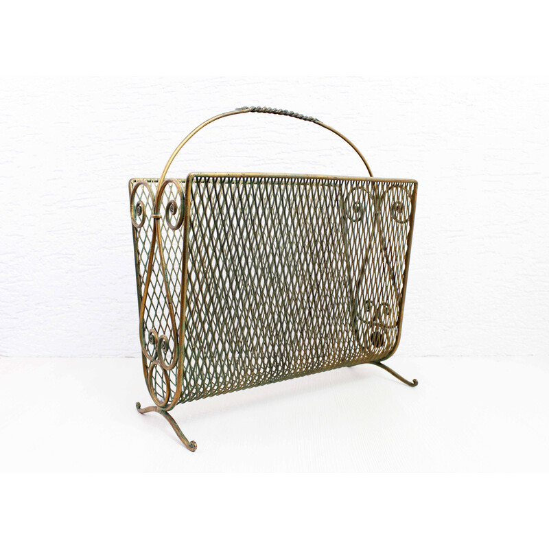 Vintage magazine rack in gilded metal, 1950-1960s