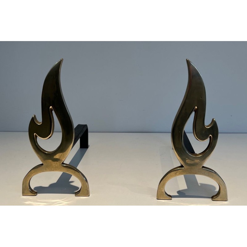 Pair of vintage brass andirons, France 1970s