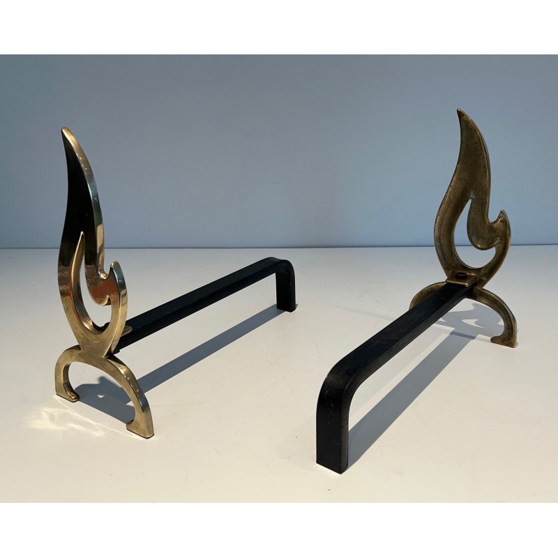 Pair of vintage brass andirons, France 1970s