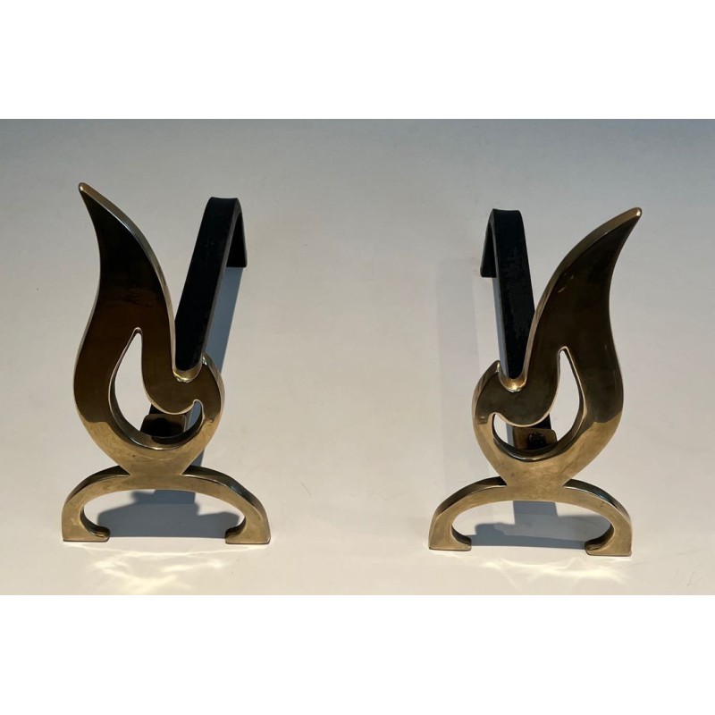 Pair of vintage brass andirons, France 1970s