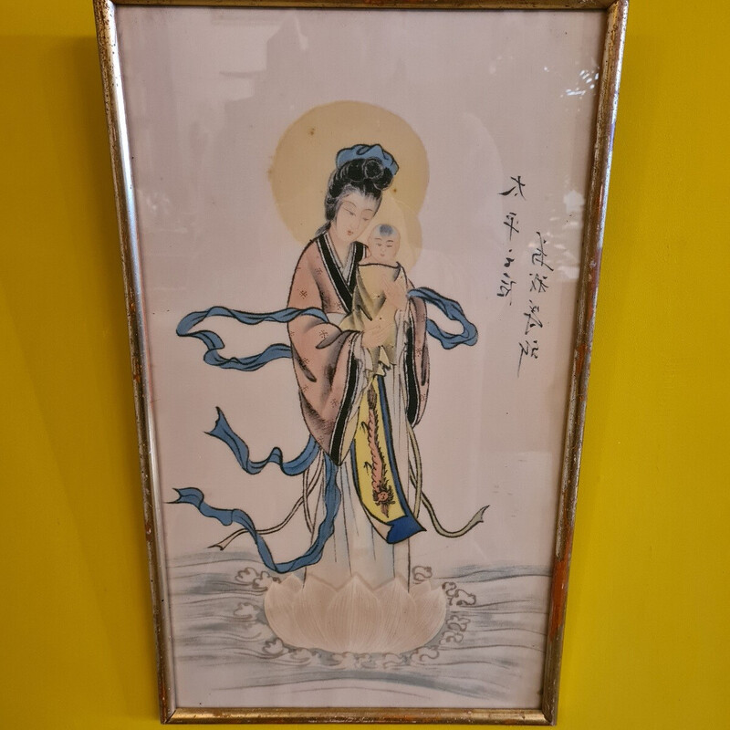 Vintage Chinese drawing on silk Madonna and Child