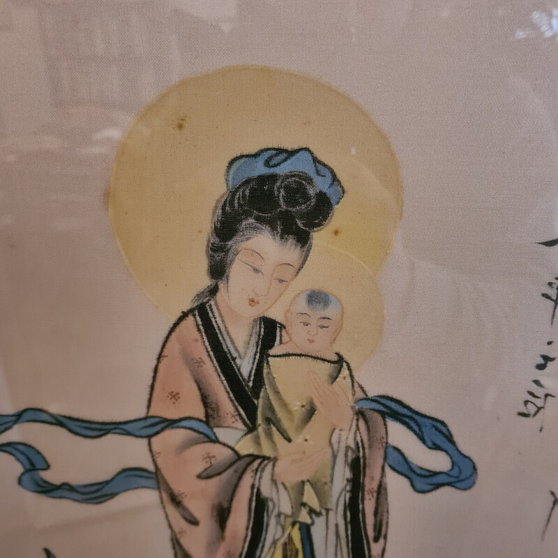 Dessin chinois vintage Vierge et Enfant sur soie