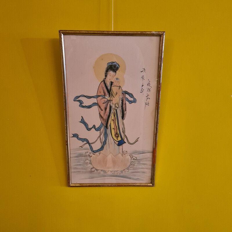 Vintage Chinese drawing on silk Madonna and Child