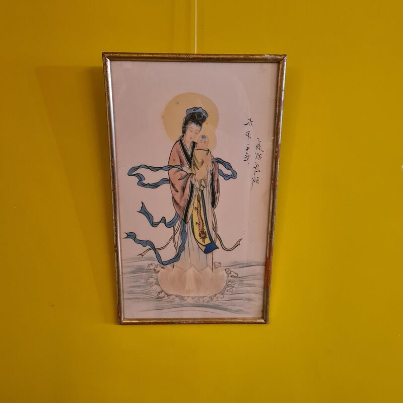 Vintage Chinese drawing on silk Madonna and Child