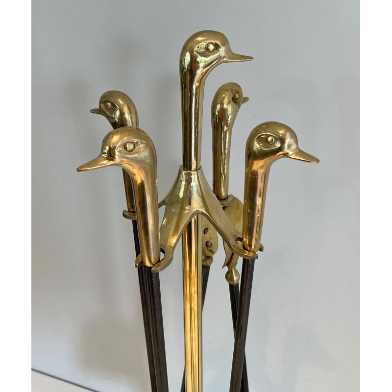 Vintage fire set with ducks in brass and lacquered metal, 1970s