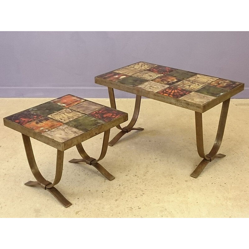 Set of 2 nesting tables in ceramic and bronze metal -1960s