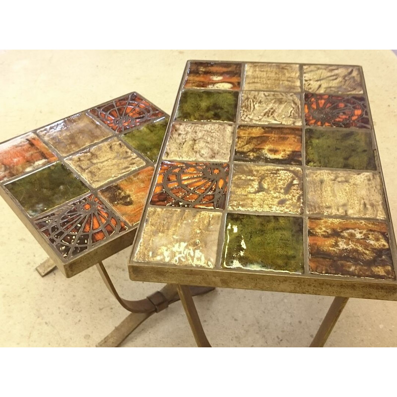 Set of 2 nesting tables in ceramic and bronze metal -1960s