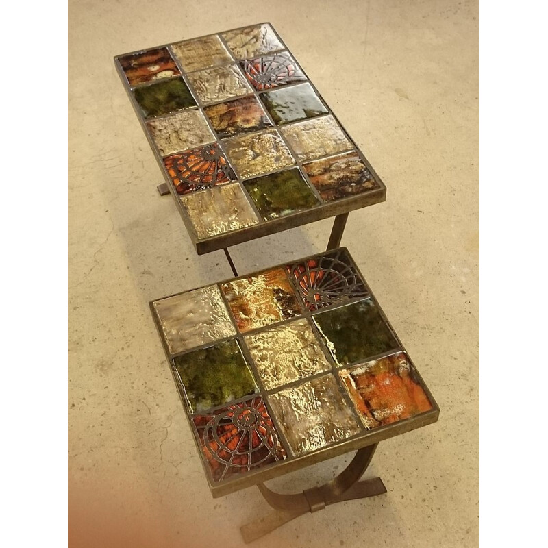 Set of 2 nesting tables in ceramic and bronze metal -1960s