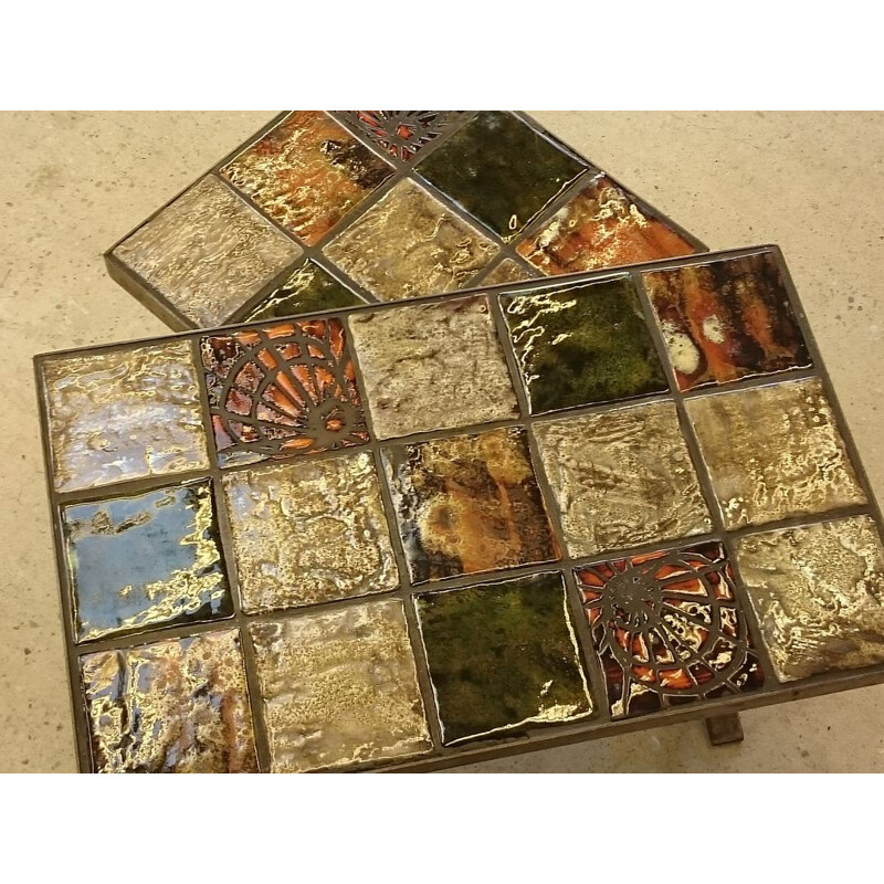 Set of 2 nesting tables in ceramic and bronze metal -1960s