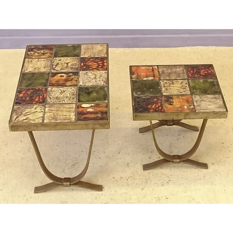 Set of 2 nesting tables in ceramic and bronze metal -1960s