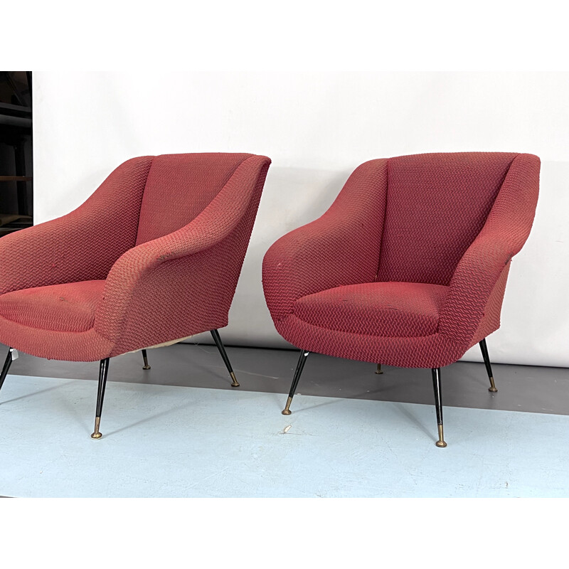 Pair of vintage brass and fabric lounge chairs by Gigi Radice for Minotti, Italy 1950s