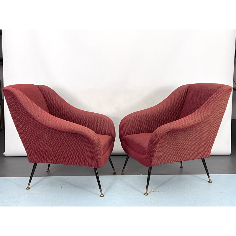 Pair of vintage brass and fabric lounge chairs by Gigi Radice for Minotti, Italy 1950s