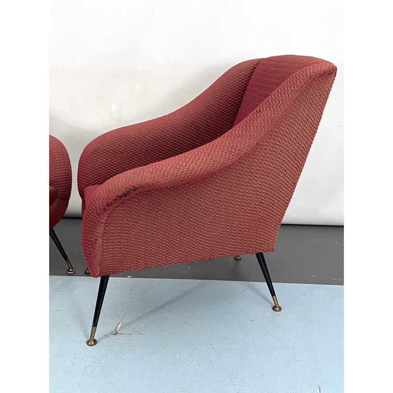 Pair of vintage brass and fabric lounge chairs by Gigi Radice for Minotti, Italy 1950s