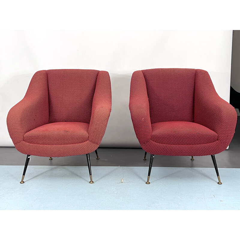 Pair of vintage brass and fabric lounge chairs by Gigi Radice for Minotti, Italy 1950s