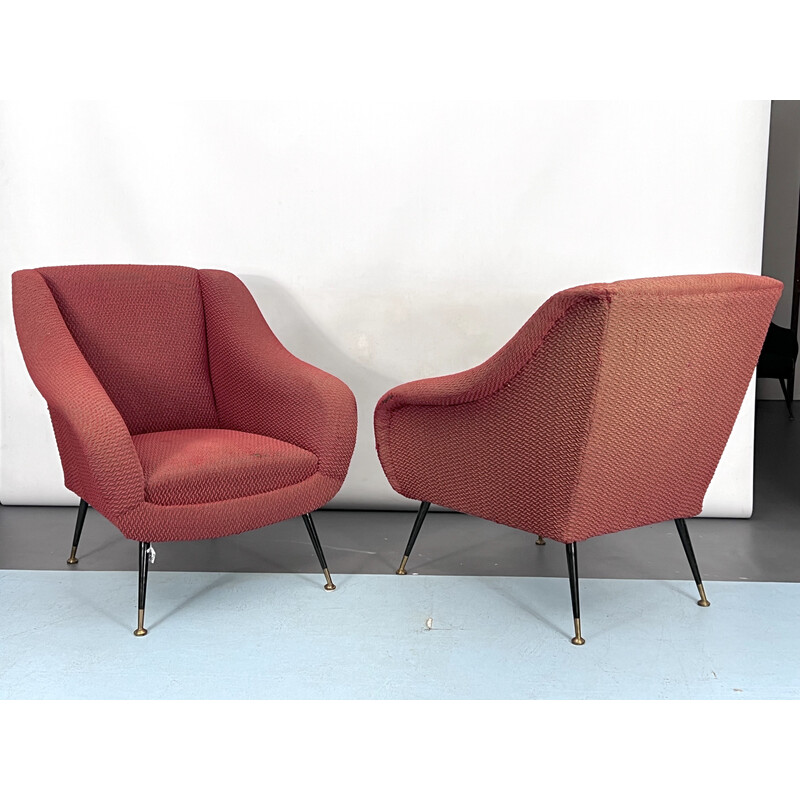 Pair of vintage brass and fabric lounge chairs by Gigi Radice for Minotti, Italy 1950s