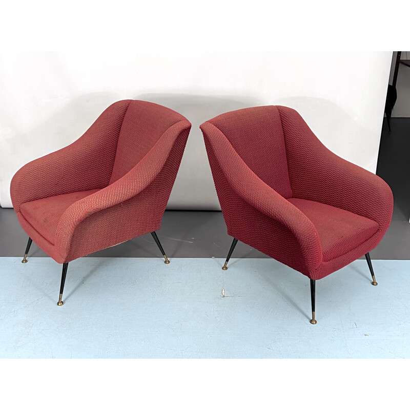 Pair of vintage brass and fabric lounge chairs by Gigi Radice for Minotti, Italy 1950s