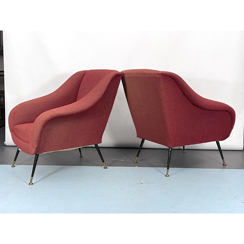 Pair of vintage brass and fabric lounge chairs by Gigi Radice for Minotti, Italy 1950s