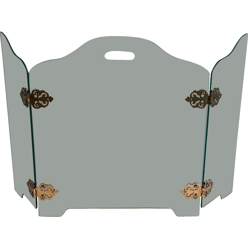 Vintage glass fire screen with bronze hinges, 1970