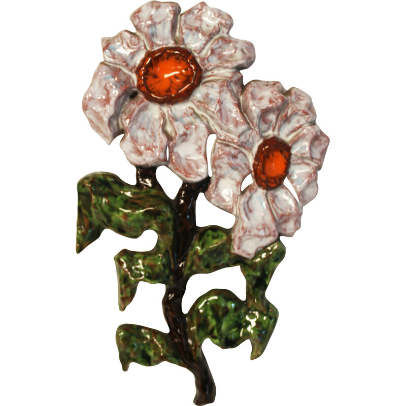 Vintage peony wall decoration in glazed terracotta, 1960