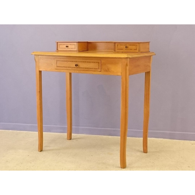 Blond oak lady desk with marquetry - 1950s