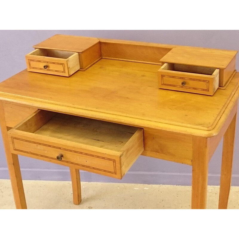 Blond oak lady desk with marquetry - 1950s