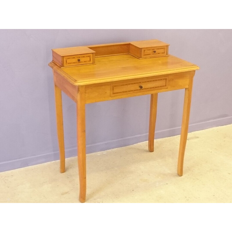 Blond oak lady desk with marquetry - 1950s