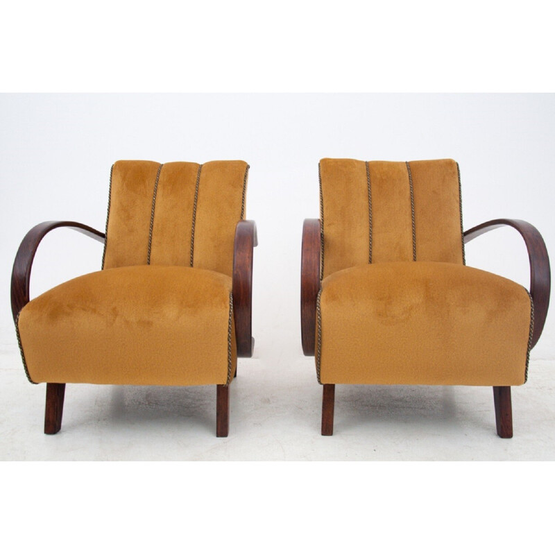 Paar vintage Art Deco eiken fauteuils van J. Halabala, Tsjechië jaren 1930