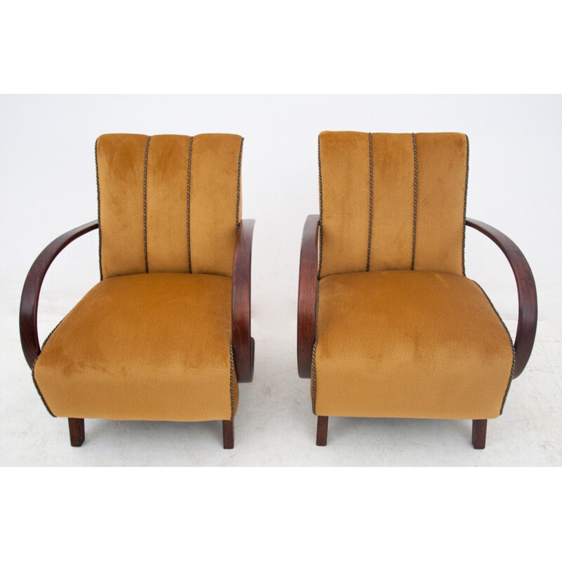 Paar vintage Art Deco eiken fauteuils van J. Halabala, Tsjechië jaren 1930