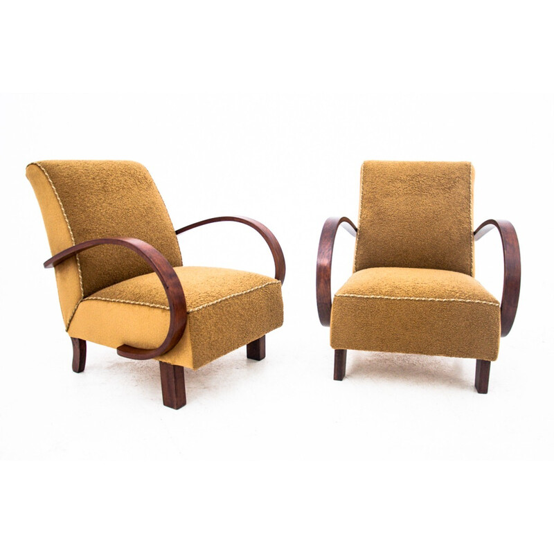 Pair of vintage armchairs in yellow fabric by J. Halabala, Czechoslovakia 1930s