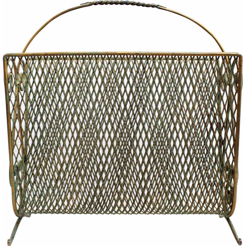 Vintage magazine rack in gilded metal, 1950-1960s