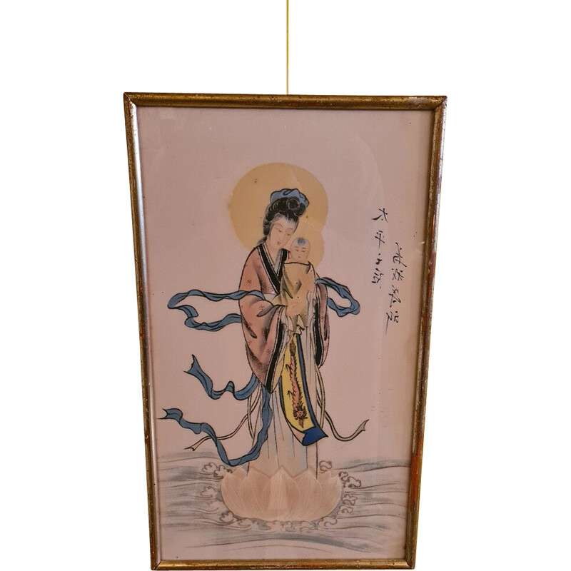 Vintage Chinese drawing on silk Madonna and Child