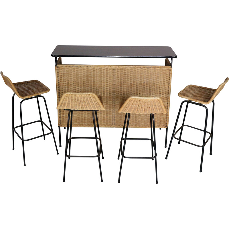 Vintage rattan bar set by Rohe Noordwolde, Netherlands 1960s