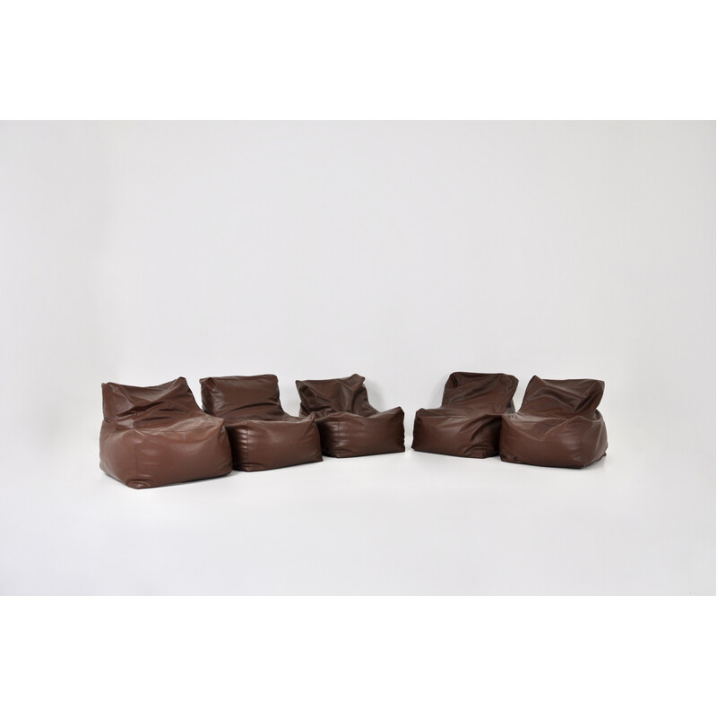 Ensemble de 5 poufs vintage en cuir brun, Italie 1960