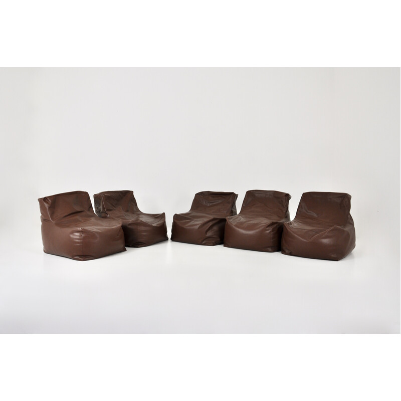 Set of 5 vintage brown leather poufs, Italy 1960s