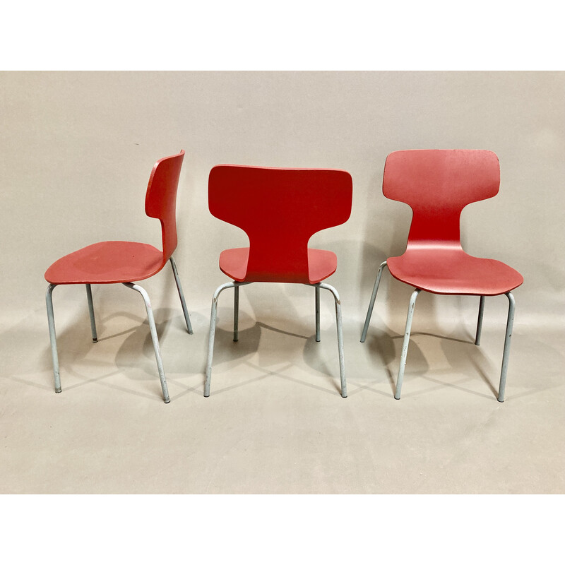 Set of 6 vintage wood and metal chairs by Arne Jacobsen for Fritz Hansen, 1960s