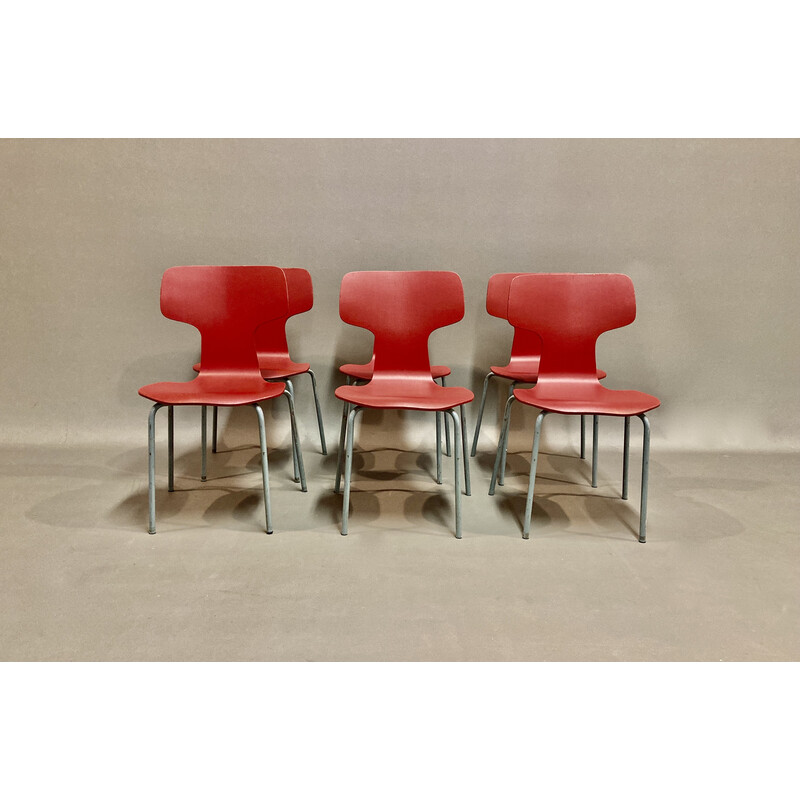 Juego de 6 sillas vintage de madera y metal de Arne Jacobsen para Fritz Hansen, 1960