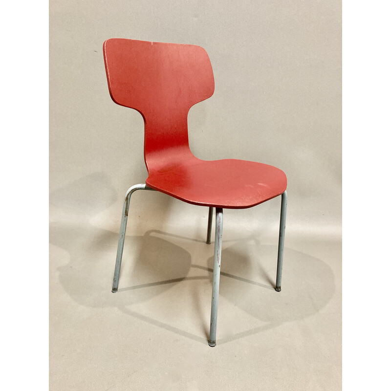 Set of 6 vintage wood and metal chairs by Arne Jacobsen for Fritz Hansen, 1960s