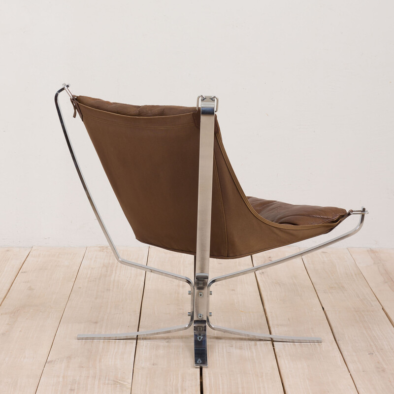 Vintage Falcon fauteuil in bruin leer en verchroomd staal van Sigurd Ressel voor Vatne Møbler, Noorwegen 1970