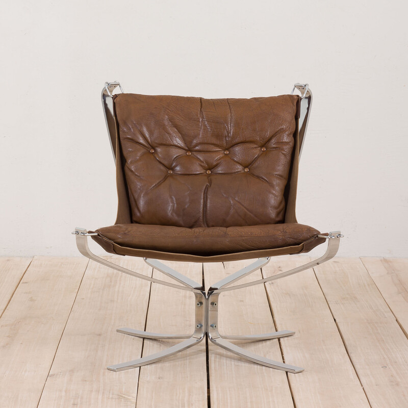 Vintage Falcon armchair in brown leather and chromed steel by Sigurd Ressel for Vatne Møbler, Norway 1970