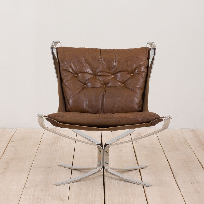 Vintage Falcon fauteuil in bruin leer en verchroomd staal van Sigurd Ressel voor Vatne Møbler, Noorwegen 1970