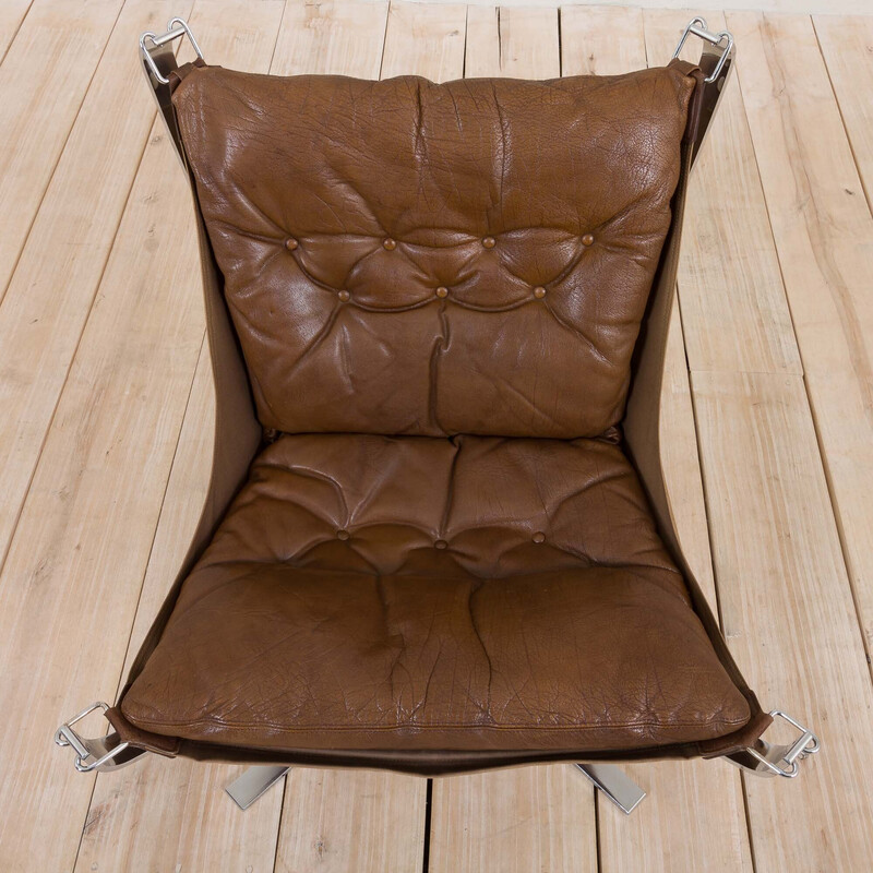 Fauteuil vintage Falcon en cuir brun et acier chromé par Sigurd Ressel pour Vatne Møbler, Norvège 1970