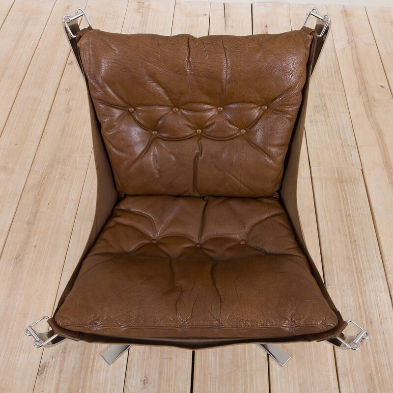 Vintage Falcon armchair in brown leather and chromed steel by Sigurd Ressel for Vatne Møbler, Norway 1970