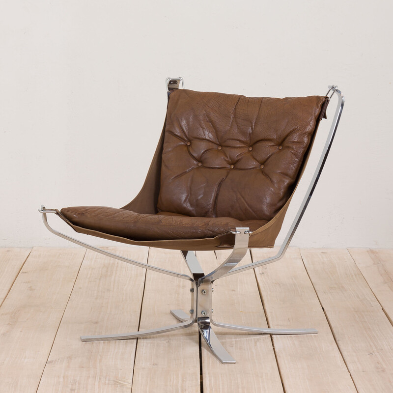 Vintage Falcon armchair in brown leather and chromed steel by Sigurd Ressel for Vatne Møbler, Norway 1970