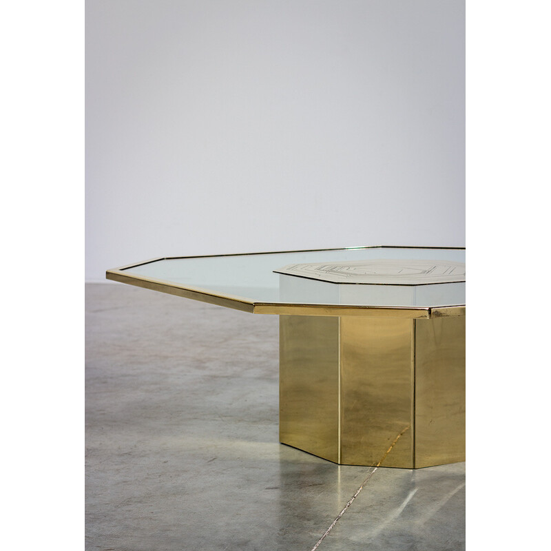 Vintage coffee table in etched brass and smoked glass by Nadie Jonckers, 1980s