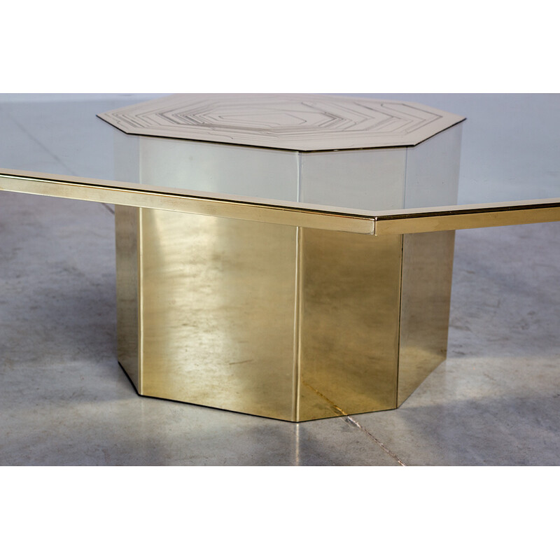 Vintage coffee table in etched brass and smoked glass by Nadie Jonckers, 1980s