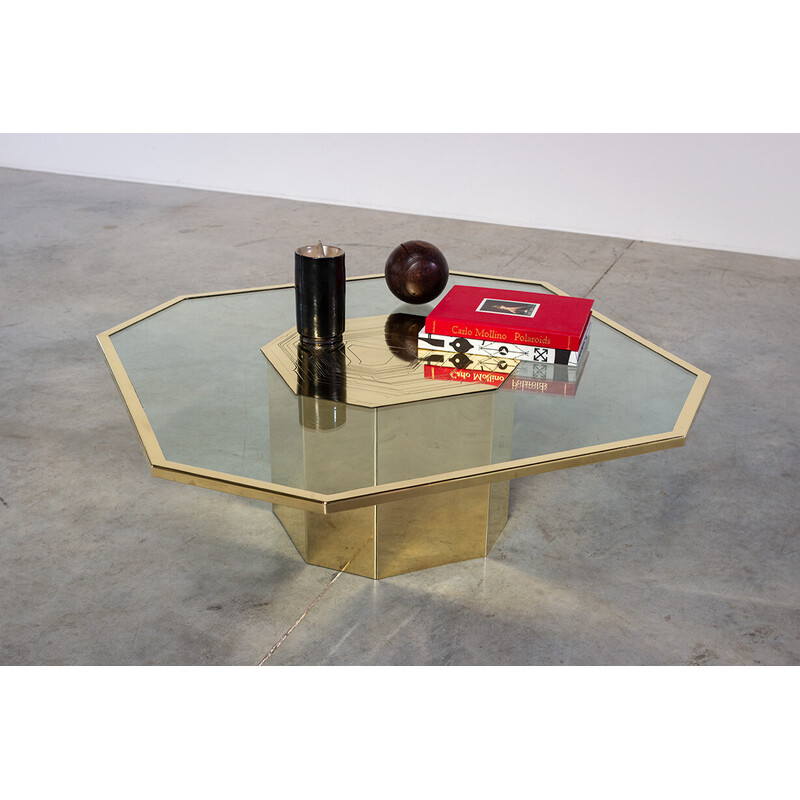 Vintage coffee table in etched brass and smoked glass by Nadie Jonckers, 1980s