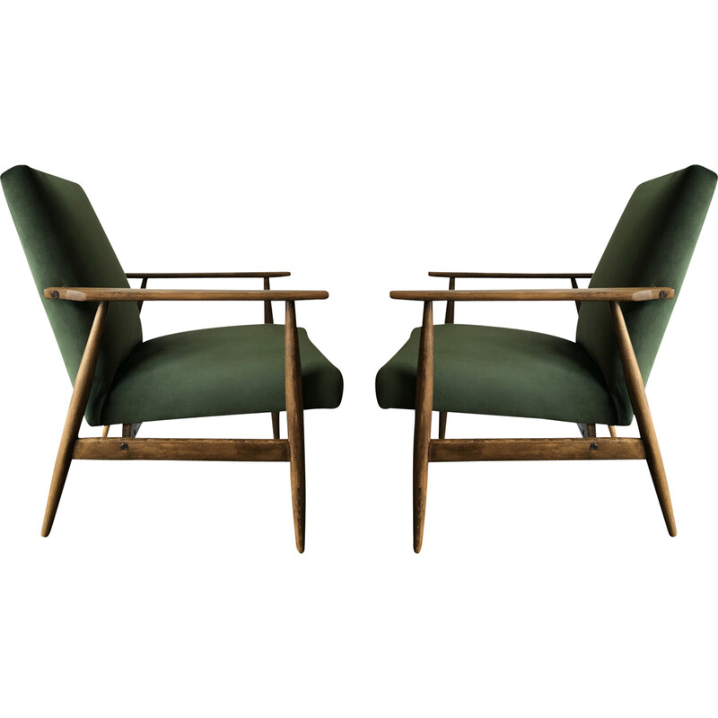 Pair of vintage beech and green velvet armchairs by Henryk Lis, 1960s
