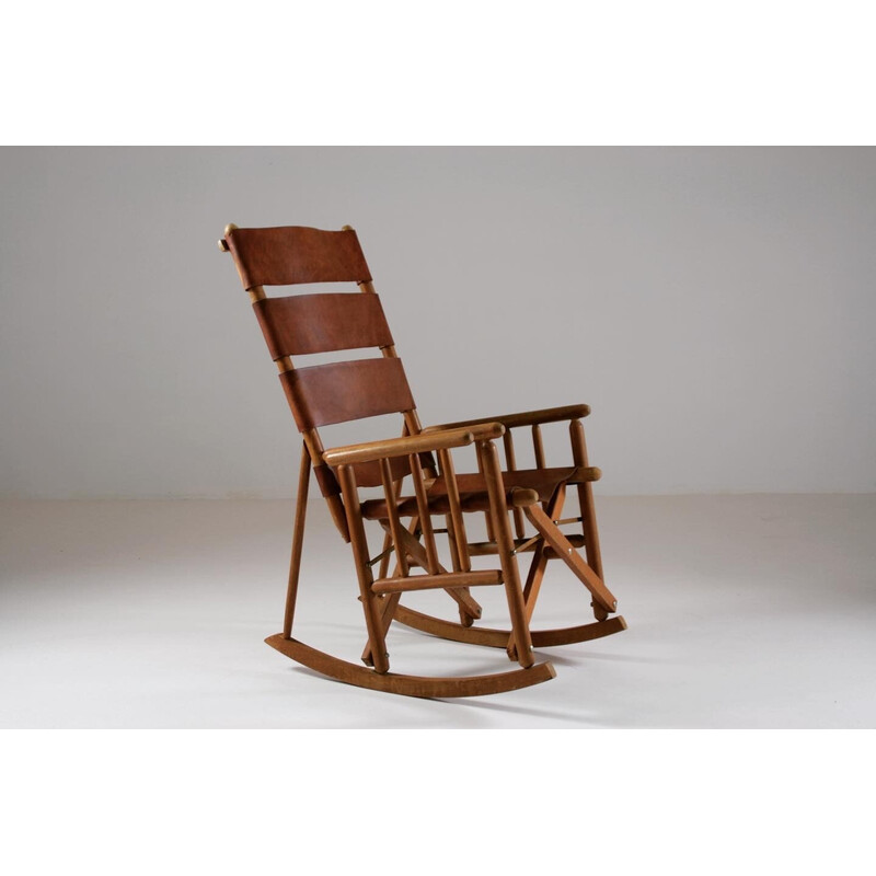 Vintage American wood and leather rocking chair, 1960s