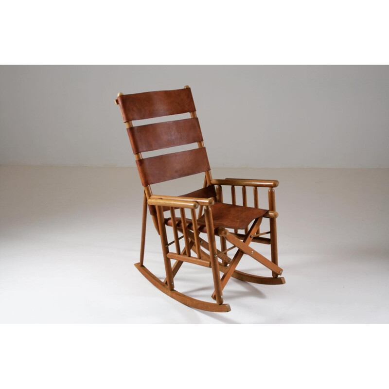 Duizeligheid Zonnebrand baseren Vintage Amerikaanse houten en lederen schommelstoel, 1960