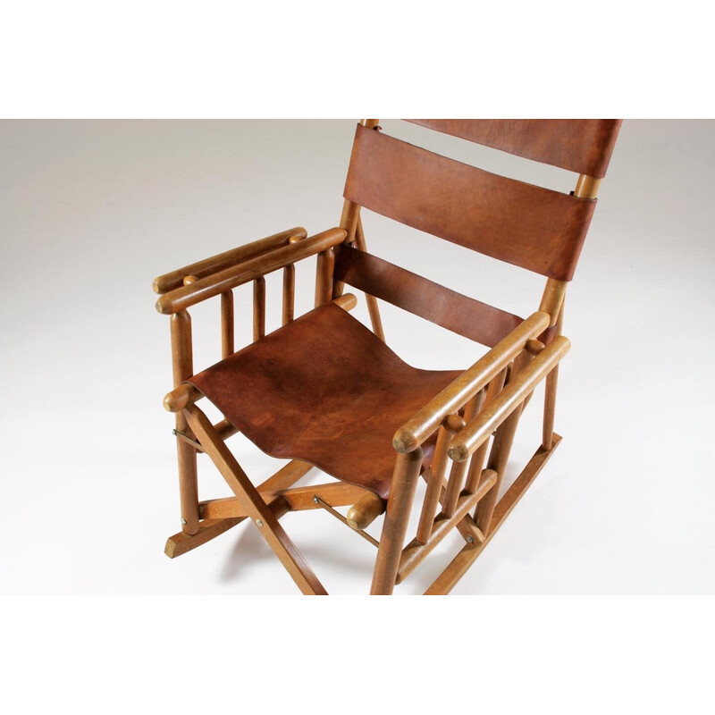 Fauteuil à bascule américain vintage en bois et cuir, 1960